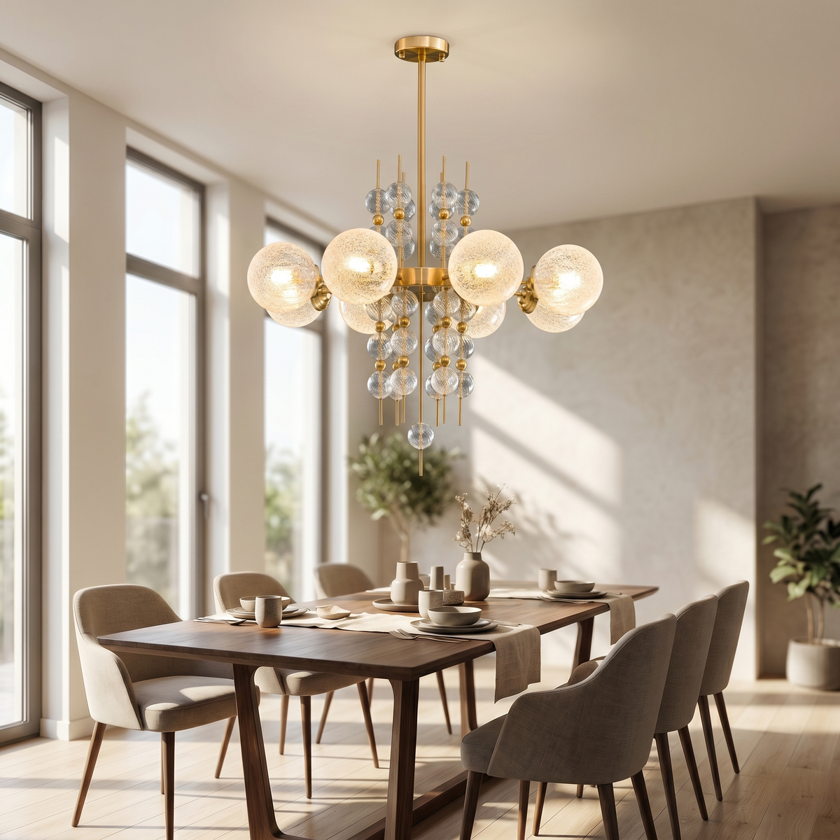 
Frosted Glass Bubble Chandelier — Art Deco Semi-Flush Ceiling Light with Crystal Drops
