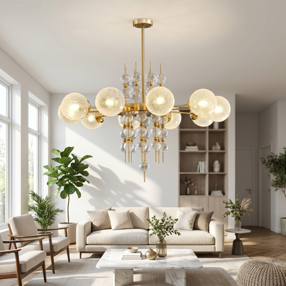 Frosted Glass Bubble Chandelier — Art Deco Semi-Flush Ceiling Light with Crystal Drops