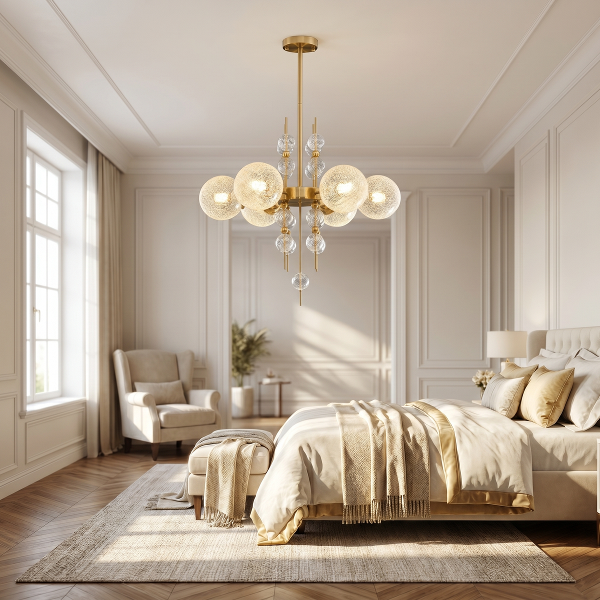 
Frosted Glass Bubble Chandelier — Art Deco Semi-Flush Ceiling Light with Crystal Drops