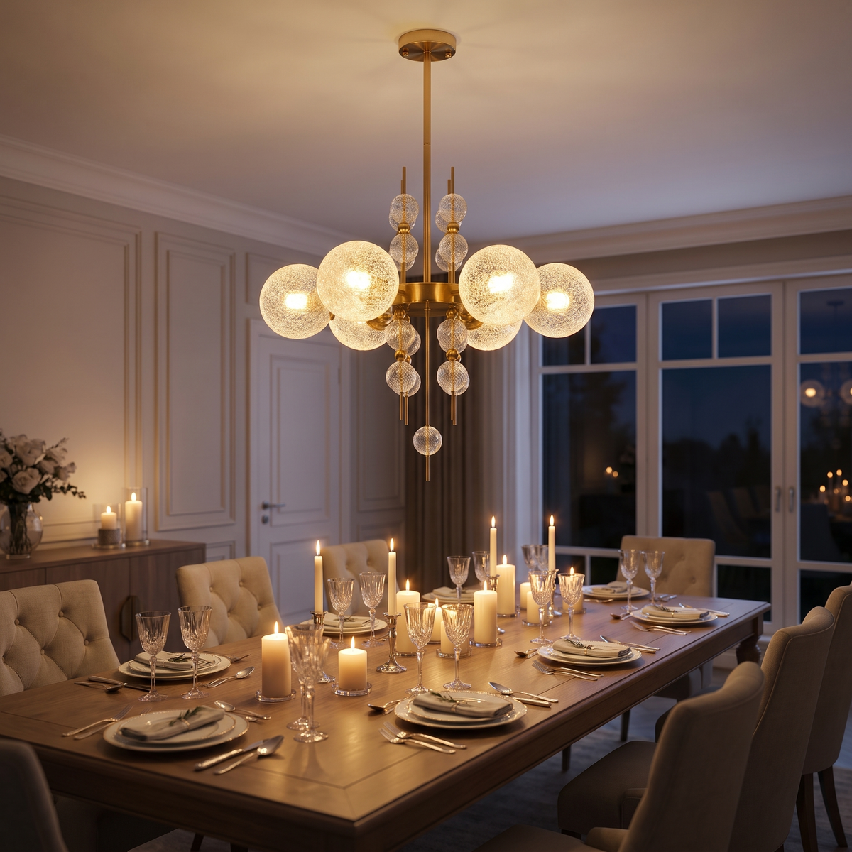 
Frosted Glass Bubble Chandelier — Art Deco Semi-Flush Ceiling Light with Crystal Drops
