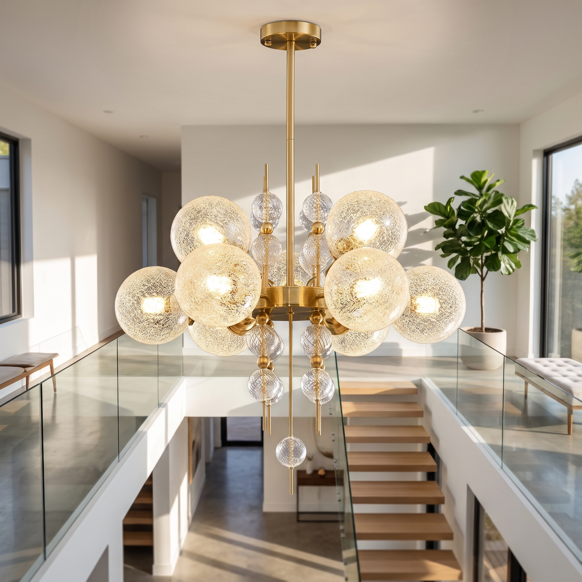 
Frosted Glass Bubble Chandelier — Art Deco Semi-Flush Ceiling Light with Crystal Drops