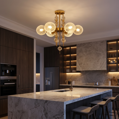 Frosted Glass Bubble Chandelier — Art Deco Semi-Flush Ceiling Light with Crystal Drops