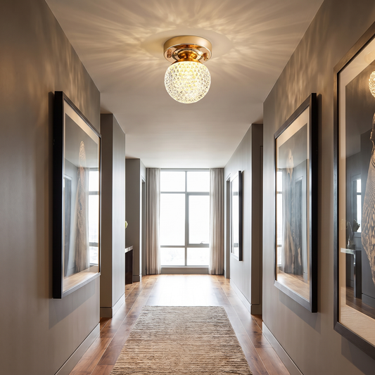 
Crystal Globe LED Flush Ceiling Light — Faceted Cut Crystal Hallway Fixture
