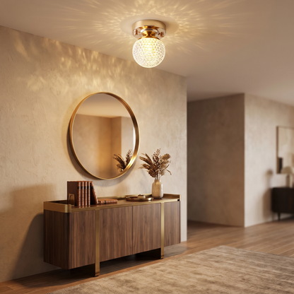 Crystal Globe LED Flush Ceiling Light — Faceted Cut Crystal Hallway Fixture