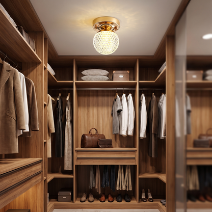 Crystal Globe LED Flush Ceiling Light — Faceted Cut Crystal Hallway Fixture