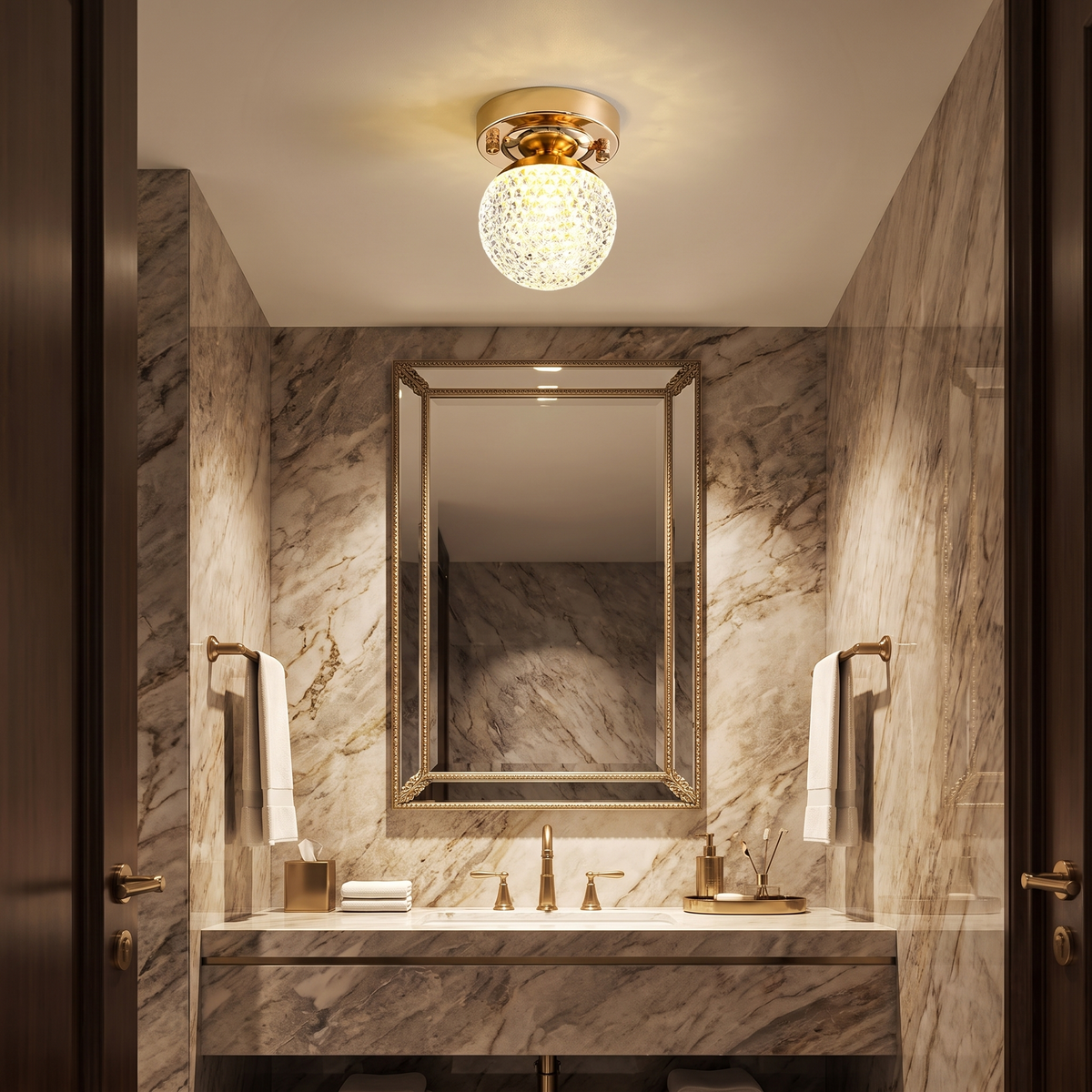 
Crystal Globe LED Flush Ceiling Light — Faceted Cut Crystal Hallway Fixture