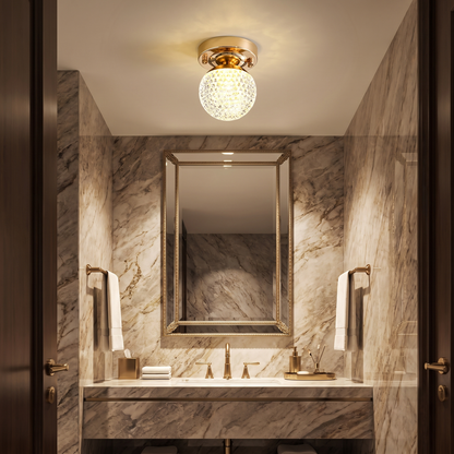 Crystal Globe LED Flush Ceiling Light — Faceted Cut Crystal Hallway Fixture