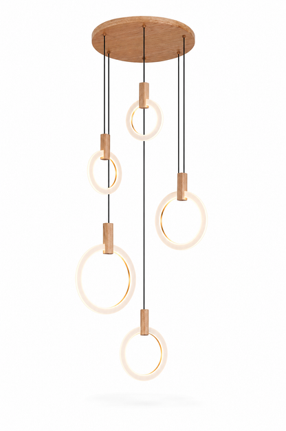 Wood Ring Chandelier for Staircases & High Ceilings — Adjustable Acrylic Ring Pendant