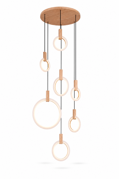 Wood Ring Chandelier for Staircases & High Ceilings — Adjustable Acrylic Ring Pendant