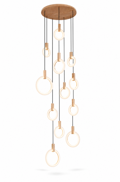 Wood Ring Chandelier for Staircases & High Ceilings — Adjustable Acrylic Ring Pendant