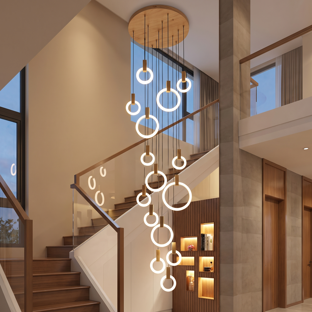 
Wood Ring Chandelier for Staircases & High Ceilings — Adjustable Acrylic Ring Pendant