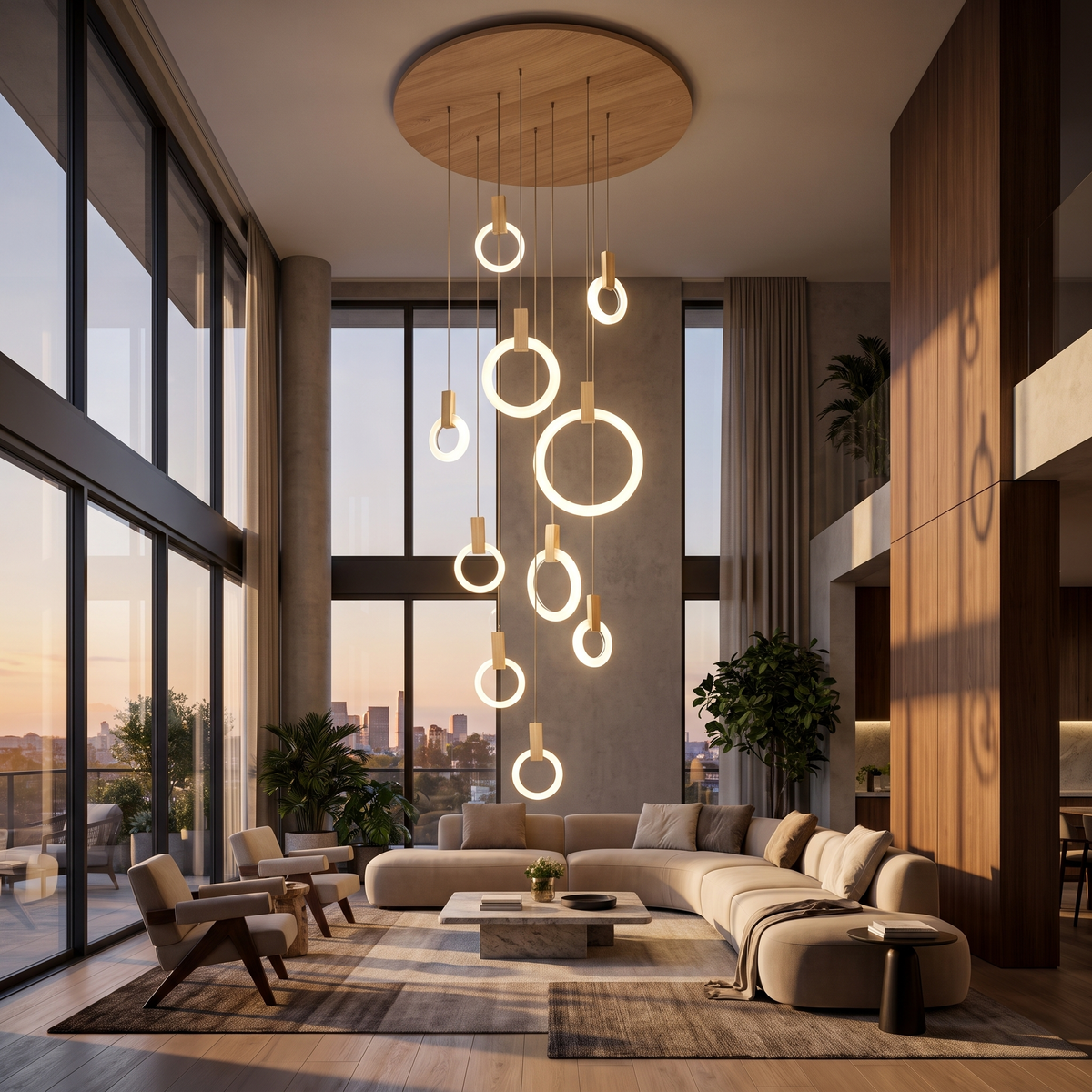 
Wood Ring Chandelier for Staircases & High Ceilings — Adjustable Acrylic Ring Pendant