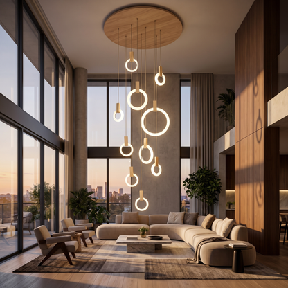 Wood Ring Chandelier for Staircases & High Ceilings — Adjustable Acrylic Ring Pendant