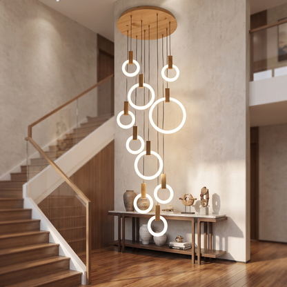 Wood Ring Chandelier for Staircases & High Ceilings — Adjustable Acrylic Ring Pendant