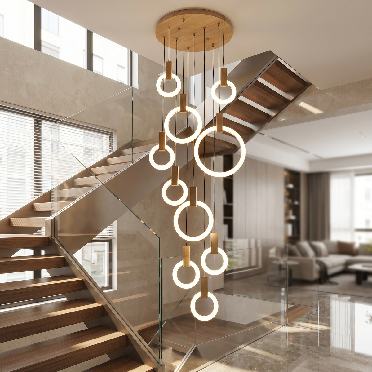 
Wood Ring Chandelier for Staircases & High Ceilings — Adjustable Acrylic Ring Pendant