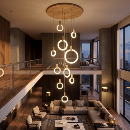 Wood Ring Chandelier for Staircases & High Ceilings — Adjustable Acrylic Ring Pendant