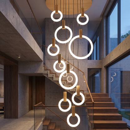 Wood Ring Chandelier for Staircases & High Ceilings — Adjustable Acrylic Ring Pendant