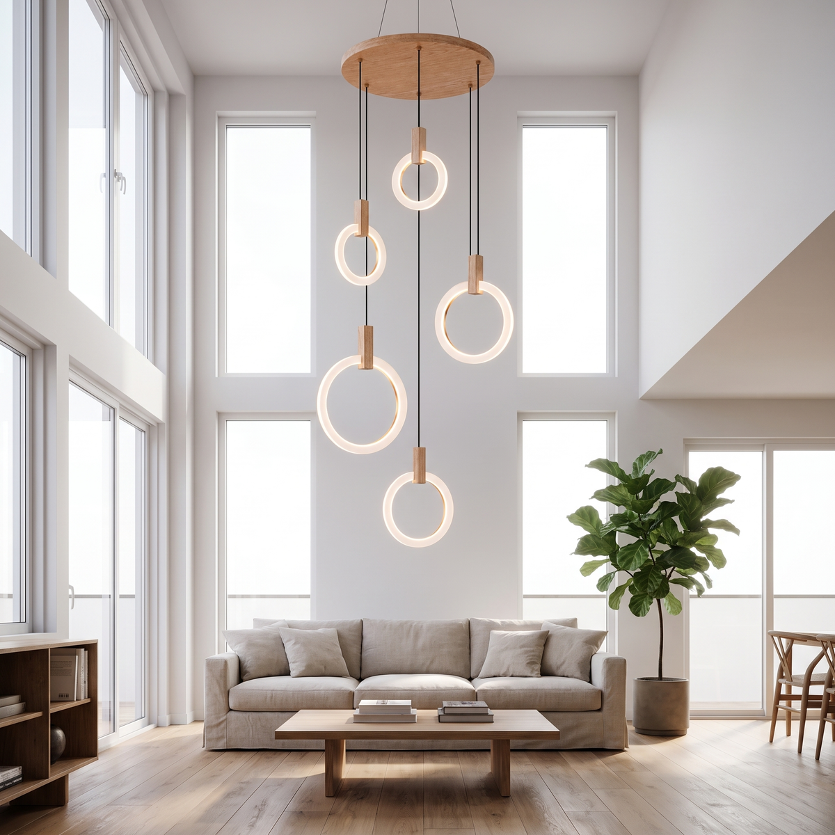 
Wood Ring Chandelier for Staircases & High Ceilings — Adjustable Acrylic Ring Pendant