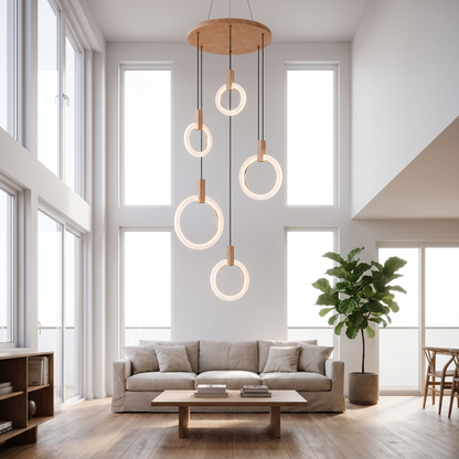 Wood Ring Chandelier for Staircases & High Ceilings — Adjustable Acrylic Ring Pendant