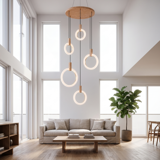 
Wood Ring Chandelier for Staircases & High Ceilings — Adjustable Acrylic Ring Pendant